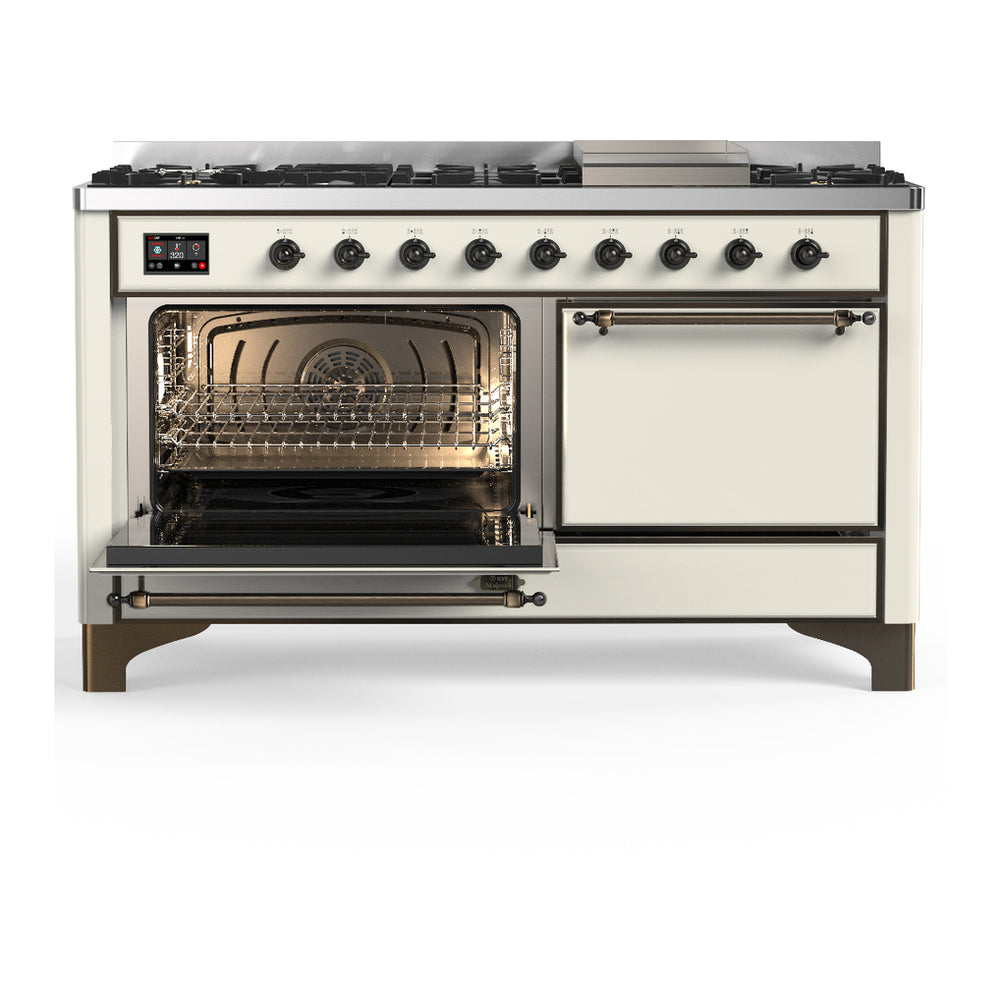 ILVE Majestic III 60" Antique White Dual Fuel Range with 9 Burners and Griddle Solid Door Natural Gas