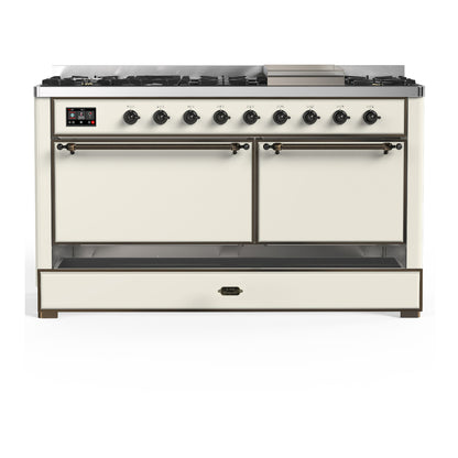 ILVE Majestic III 60" Antique White Dual Fuel Range with 9 Burners and Griddle Solid Door Natural Gas