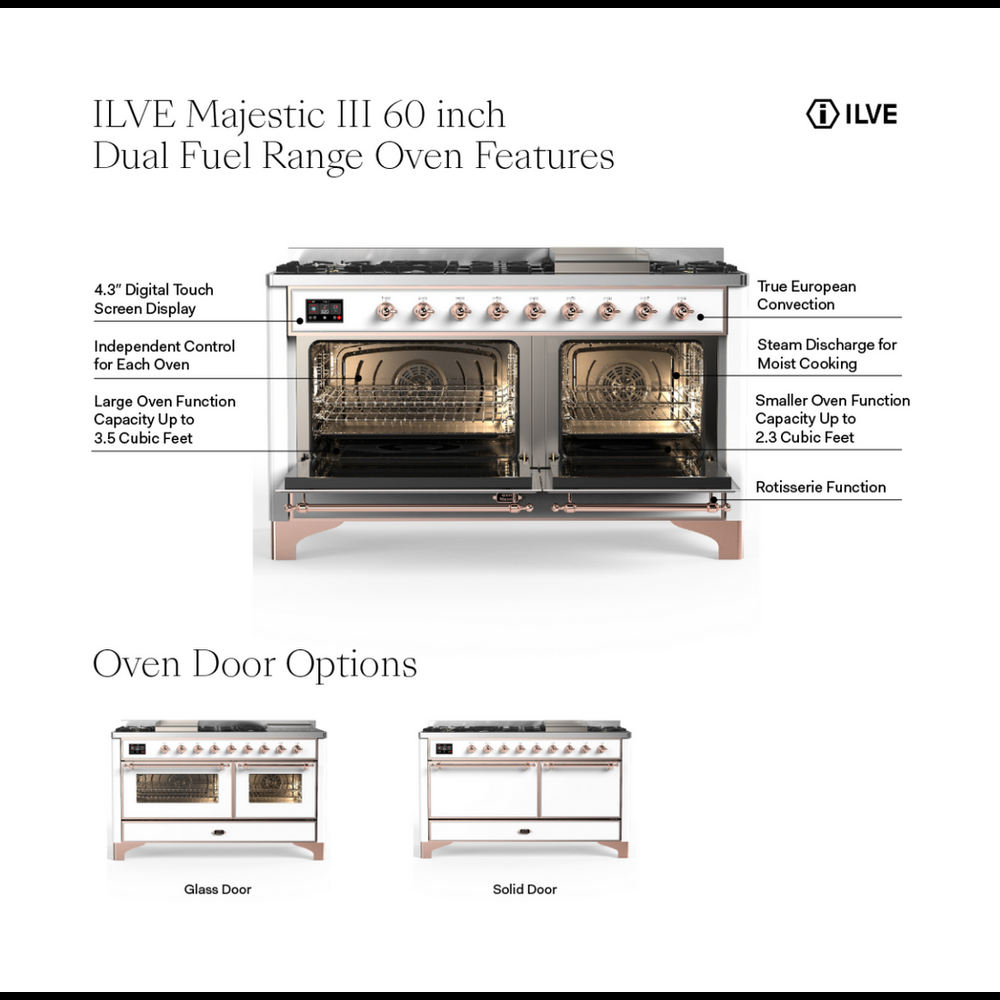 ILVE Majestic III 60" Antique White Dual Fuel Range with 9 Burners and Griddle Solid Door Natural Gas