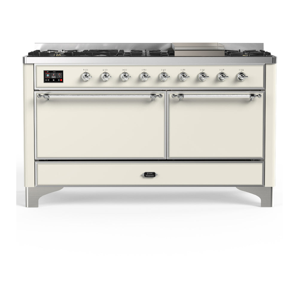 ILVE Majestic III 60" Antique White Dual Fuel Range with 9 Burners and Griddle Solid Door Natural Gas