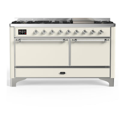 ILVE Majestic III 60" Antique White Dual Fuel Range with 9 Burners and Griddle Solid Door Natural Gas