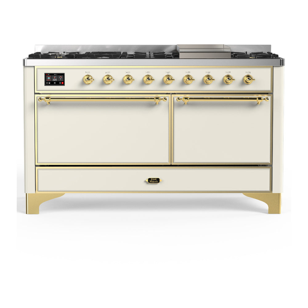 ILVE Majestic III 60" Antique White Dual Fuel Range with 9 Burners and Griddle Solid Door Natural Gas
