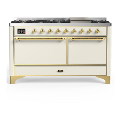 ILVE Majestic III 60" Antique White Dual Fuel Range with 9 Burners and Griddle Solid Door Natural Gas