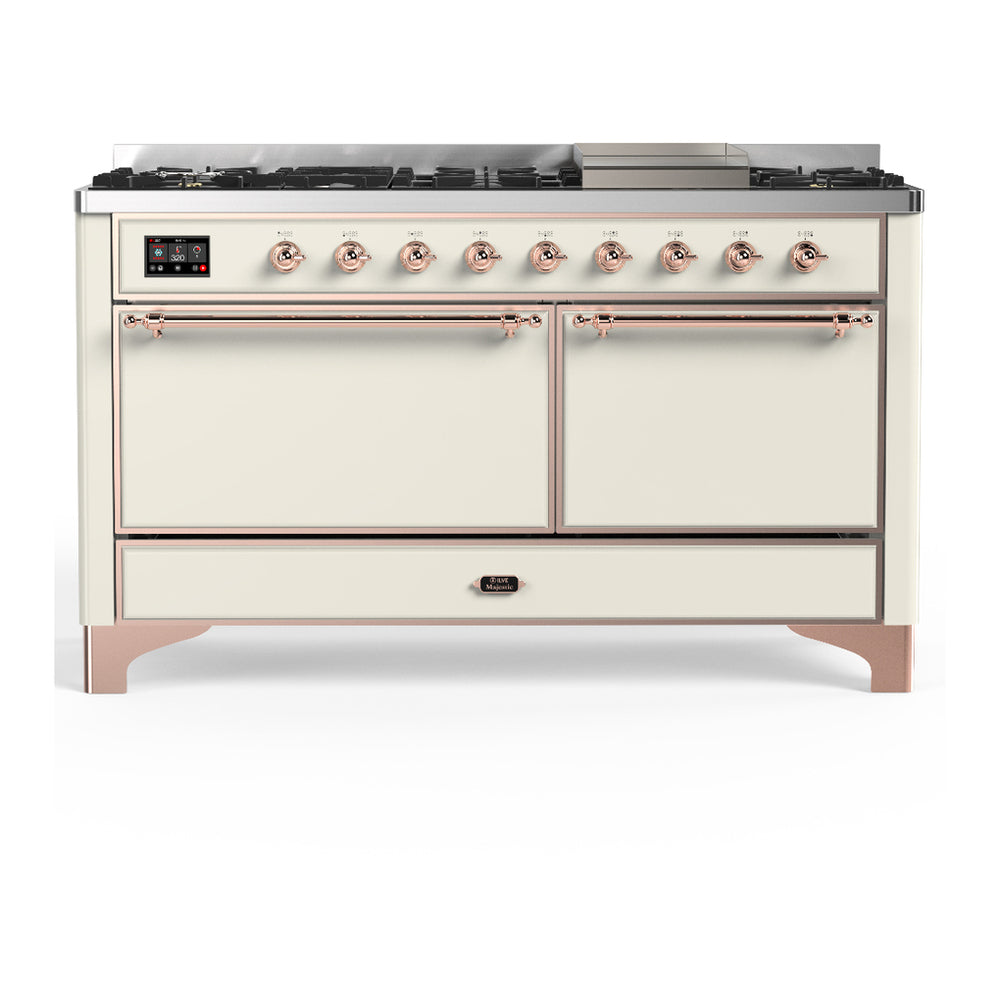 ILVE Majestic III 60" Antique White Dual Fuel Range with 9 Burners and Griddle Solid Door Natural Gas