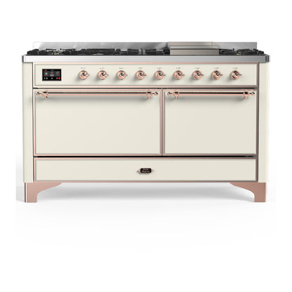 ILVE Majestic III 60" Antique White Dual Fuel Range with 9 Burners and Griddle Solid Door Natural Gas