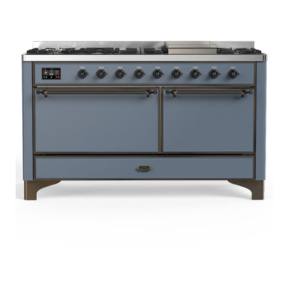 ILVE Majestic III 60" Blue Grey Dual Fuel Range with 9 Burners and Griddle Solid Door Liquid Propane