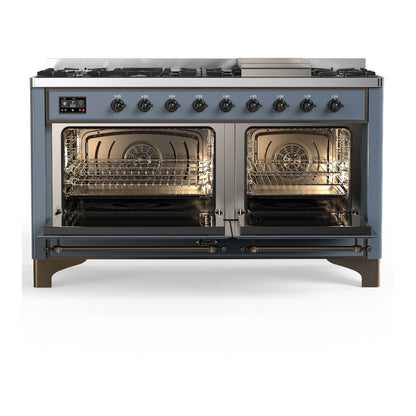 ILVE Majestic III 60" Blue Grey Dual Fuel Range with 9 Burners and Griddle Solid Door Liquid Propane