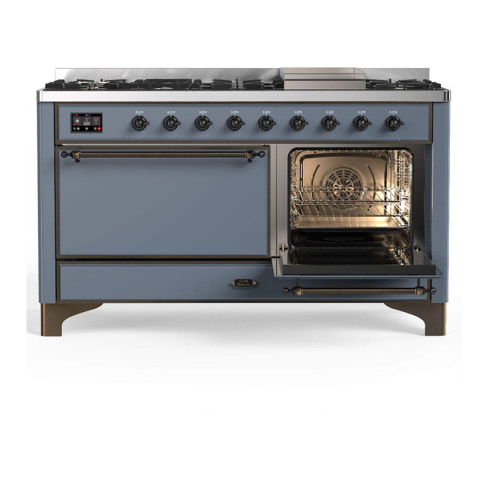 ILVE Majestic III 60" Blue Grey Dual Fuel Range with 9 Burners and Griddle Solid Door Liquid Propane