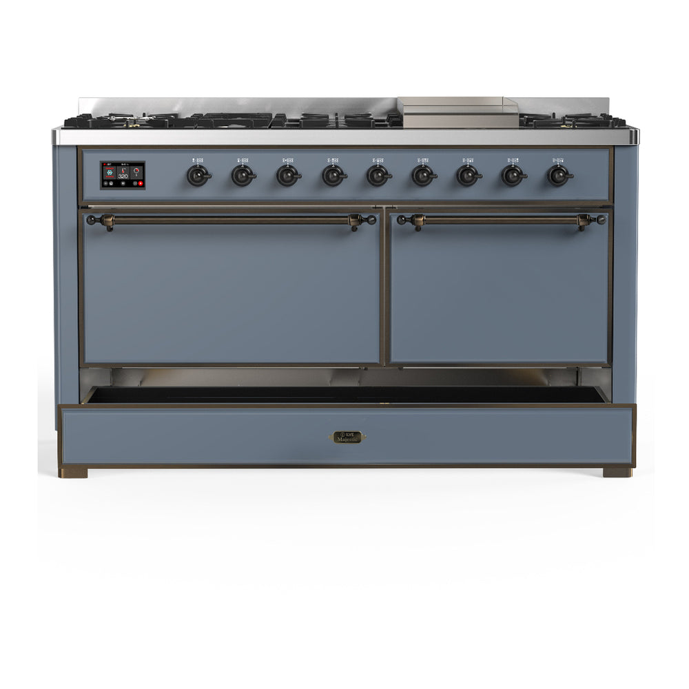 ILVE Majestic III 60" Blue Grey Dual Fuel Range with 9 Burners and Griddle Solid Door Liquid Propane