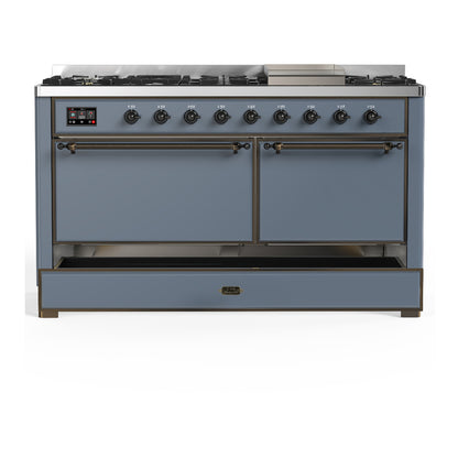 ILVE Majestic III 60" Blue Grey Dual Fuel Range with 9 Burners and Griddle Solid Door Liquid Propane