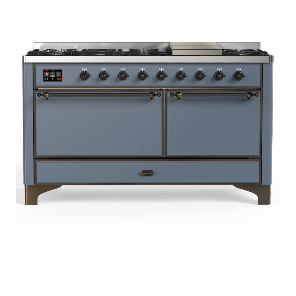 ILVE Majestic III 60" Blue Grey Dual Fuel Range with 9 Burners and Griddle Solid Door Natural Gas