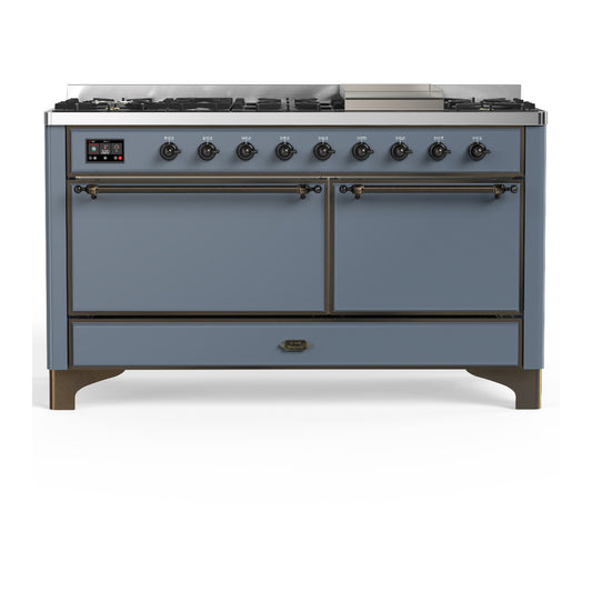 ILVE Majestic III 60" Blue Grey Dual Fuel Range with 9 Burners and Griddle Solid Door Natural Gas