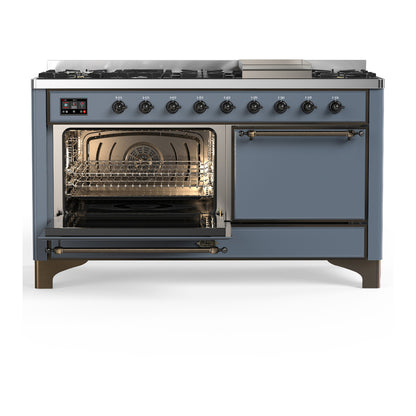 ILVE Majestic III 60" Blue Grey Dual Fuel Range with 9 Burners and Griddle Solid Door Natural Gas
