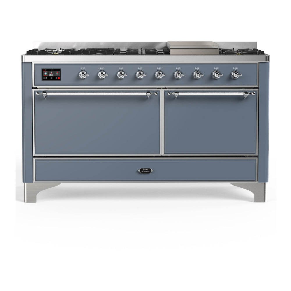 ILVE Majestic III 60" Blue Grey Dual Fuel Range with 9 Burners and Griddle Solid Door Liquid Propane