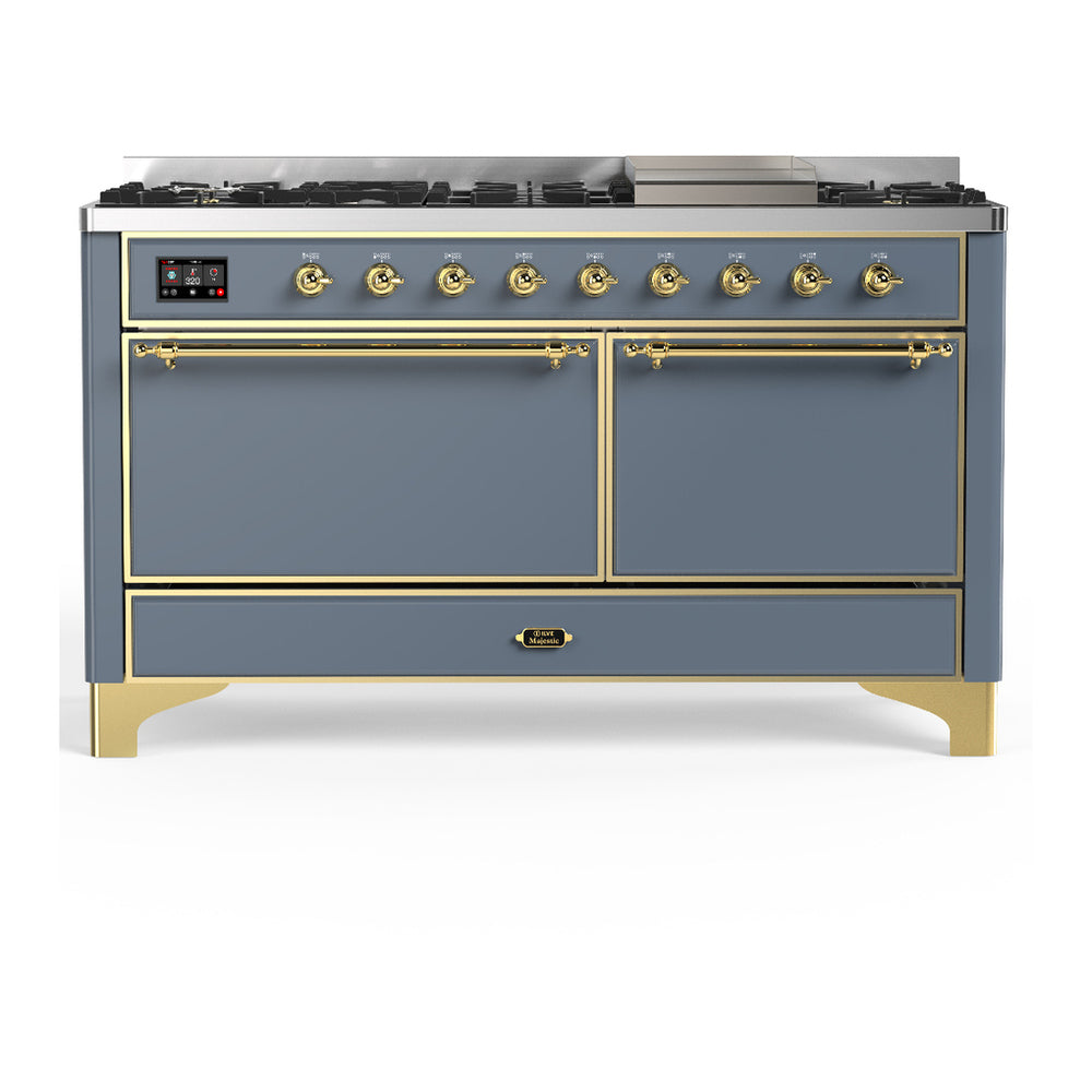 ILVE Majestic III 60" Blue Grey Dual Fuel Range with 9 Burners and Griddle Solid Door Liquid Propane