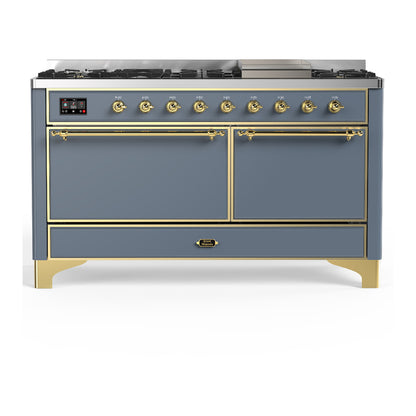 ILVE Majestic III 60" Blue Grey Dual Fuel Range with 9 Burners and Griddle Solid Door Liquid Propane