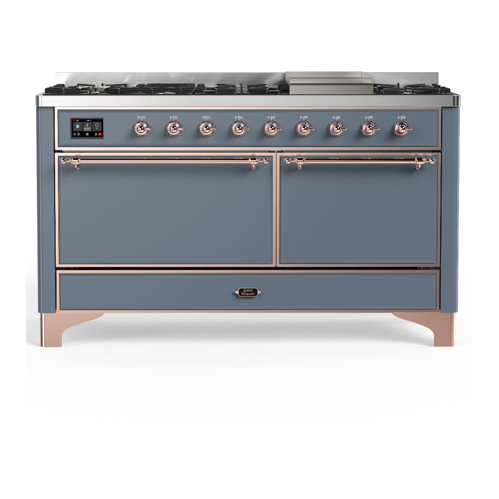 ILVE Majestic III 60" Blue Grey Dual Fuel Range with 9 Burners and Griddle Solid Door Liquid Propane