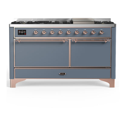 ILVE Majestic III 60" Blue Grey Dual Fuel Range with 9 Burners and Griddle Solid Door Liquid Propane