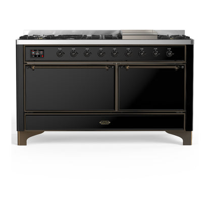ILVE Majestic III 60" Glossy Black Dual Fuel Range with 9 Burners and Griddle Solid Door Liquid Propane