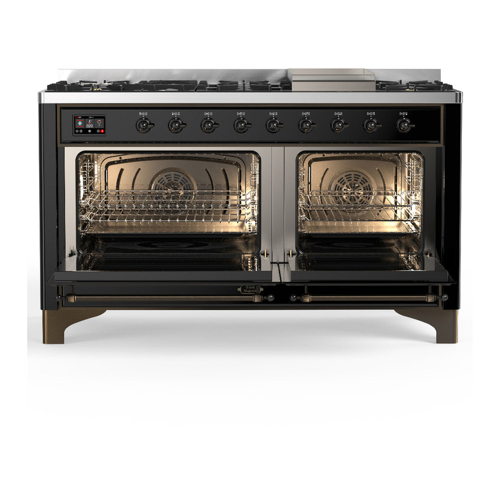 ILVE Majestic III 60" Glossy Black Dual Fuel Range with 9 Burners and Griddle Solid Door Liquid Propane