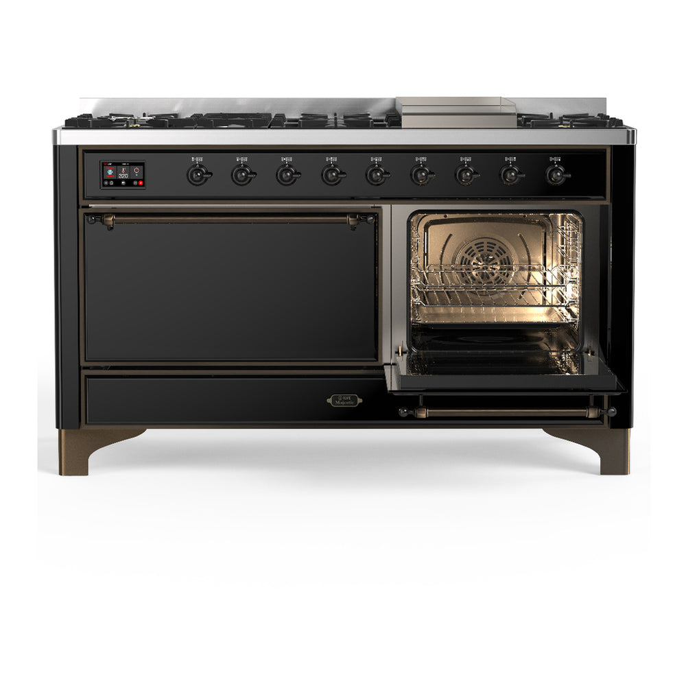 ILVE Majestic III 60" Glossy Black Dual Fuel Range with 9 Burners and Griddle Solid Door Liquid Propane