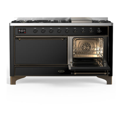 ILVE Majestic III 60" Glossy Black Dual Fuel Range with 9 Burners and Griddle Solid Door Liquid Propane