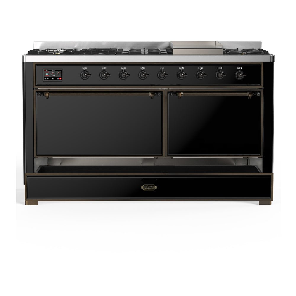 ILVE Majestic III 60" Glossy Black Dual Fuel Range with 9 Burners and Griddle Solid Door Liquid Propane