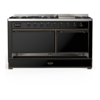 ILVE Majestic III 60" Glossy Black Dual Fuel Range with 9 Burners and Griddle Solid Door Liquid Propane