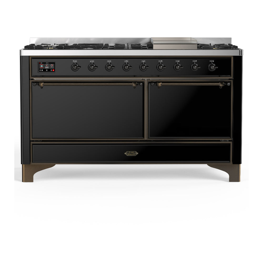 ILVE Majestic III 60" Glossy Black Dual Fuel Range with 9 Burners and Griddle Solid Door Natural Gas