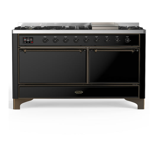 ILVE Majestic III 60" Glossy Black Dual Fuel Range with 9 Burners and Griddle Solid Door Natural Gas