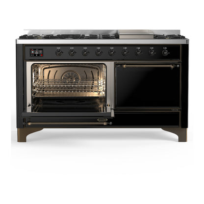 ILVE Majestic III 60" Glossy Black Dual Fuel Range with 9 Burners and Griddle Solid Door Natural Gas