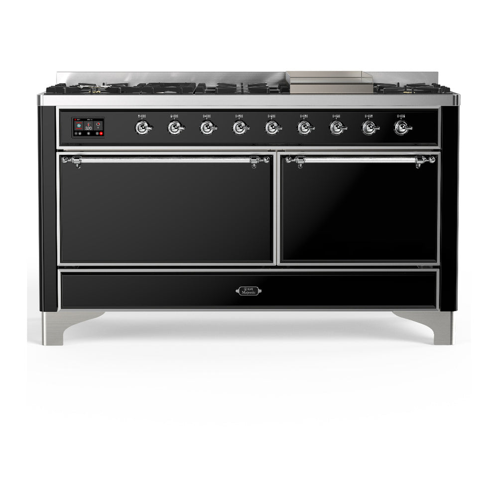 ILVE Majestic III 60" Glossy Black Dual Fuel Range with 9 Burners and Griddle Solid Door Liquid Propane