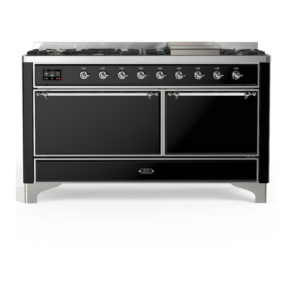ILVE Majestic III 60" Glossy Black Dual Fuel Range with 9 Burners and Griddle Solid Door Natural Gas