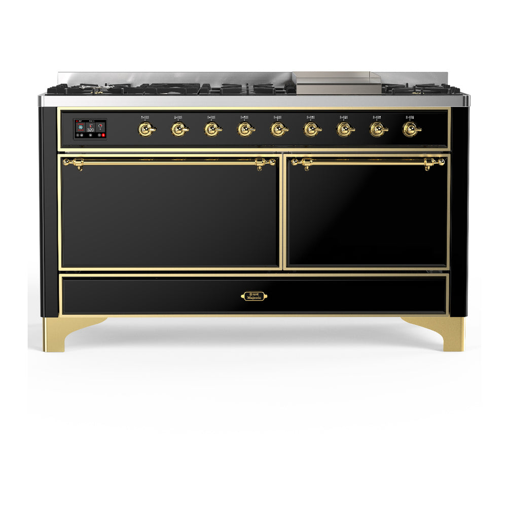 ILVE Majestic III 60" Glossy Black Dual Fuel Range with 9 Burners and Griddle Solid Door Liquid Propane