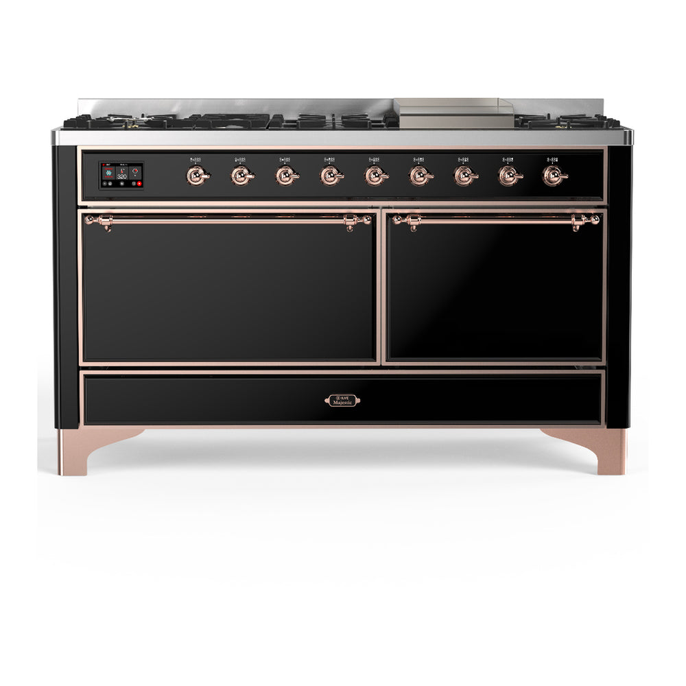 ILVE Majestic III 60" Glossy Black Dual Fuel Range with 9 Burners and Griddle Solid Door Natural Gas