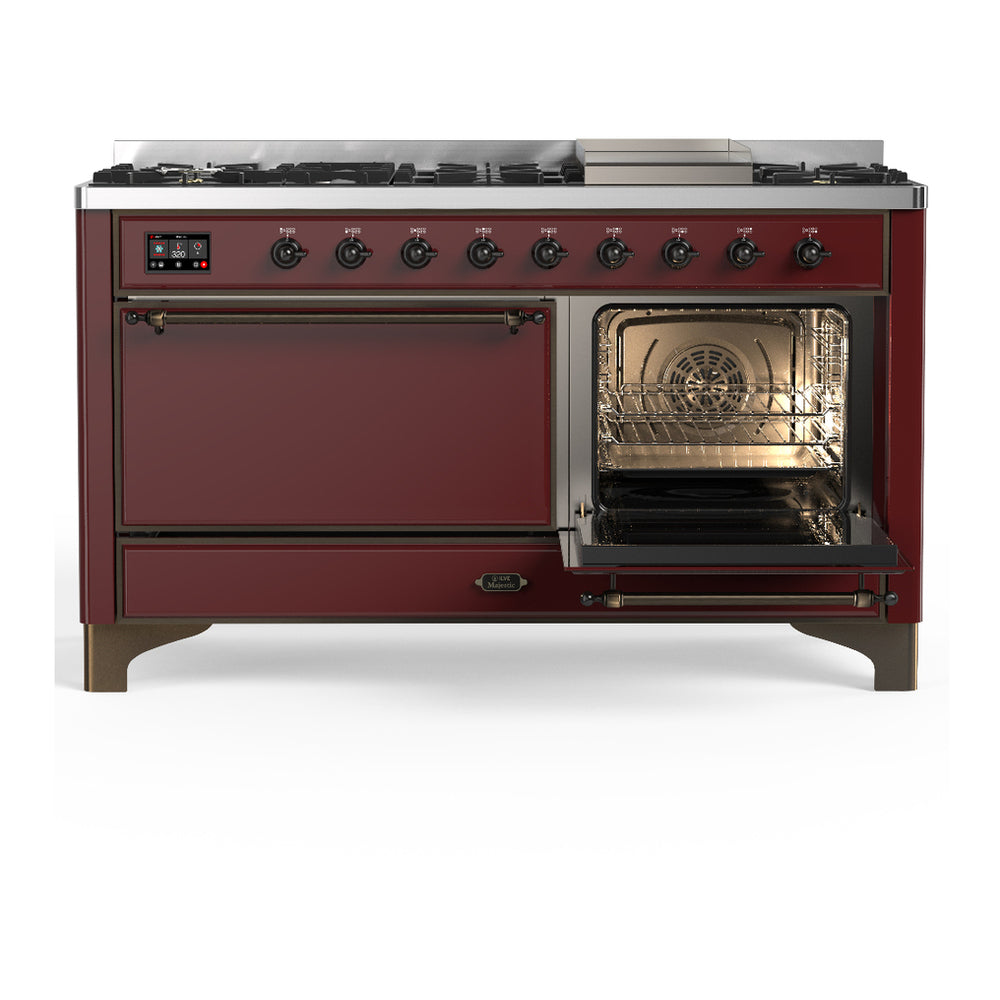 ILVE Majestic III 60" Burgundy Dual Fuel Range with 9 Burners and Griddle Solid Door Liquid Propane