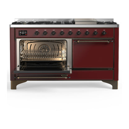 ILVE Majestic III 60" Burgundy Dual Fuel Range with 9 Burners and Griddle Solid Door Liquid Propane