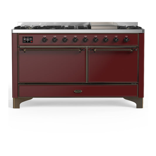 ILVE Majestic III 60" Burgundy Dual Fuel Range with 9 Burners and Griddle Solid Door Natural Gas
