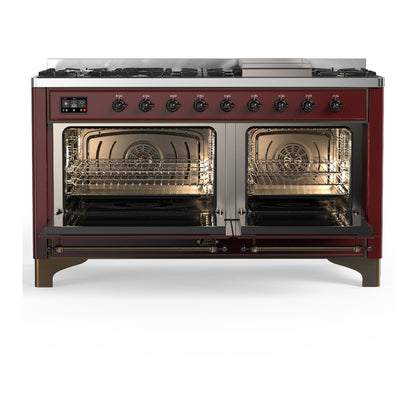 ILVE Majestic III 60" Burgundy Dual Fuel Range with 9 Burners and Griddle Solid Door Natural Gas