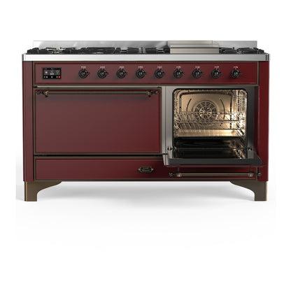 ILVE Majestic III 60" Burgundy Dual Fuel Range with 9 Burners and Griddle Solid Door Natural Gas