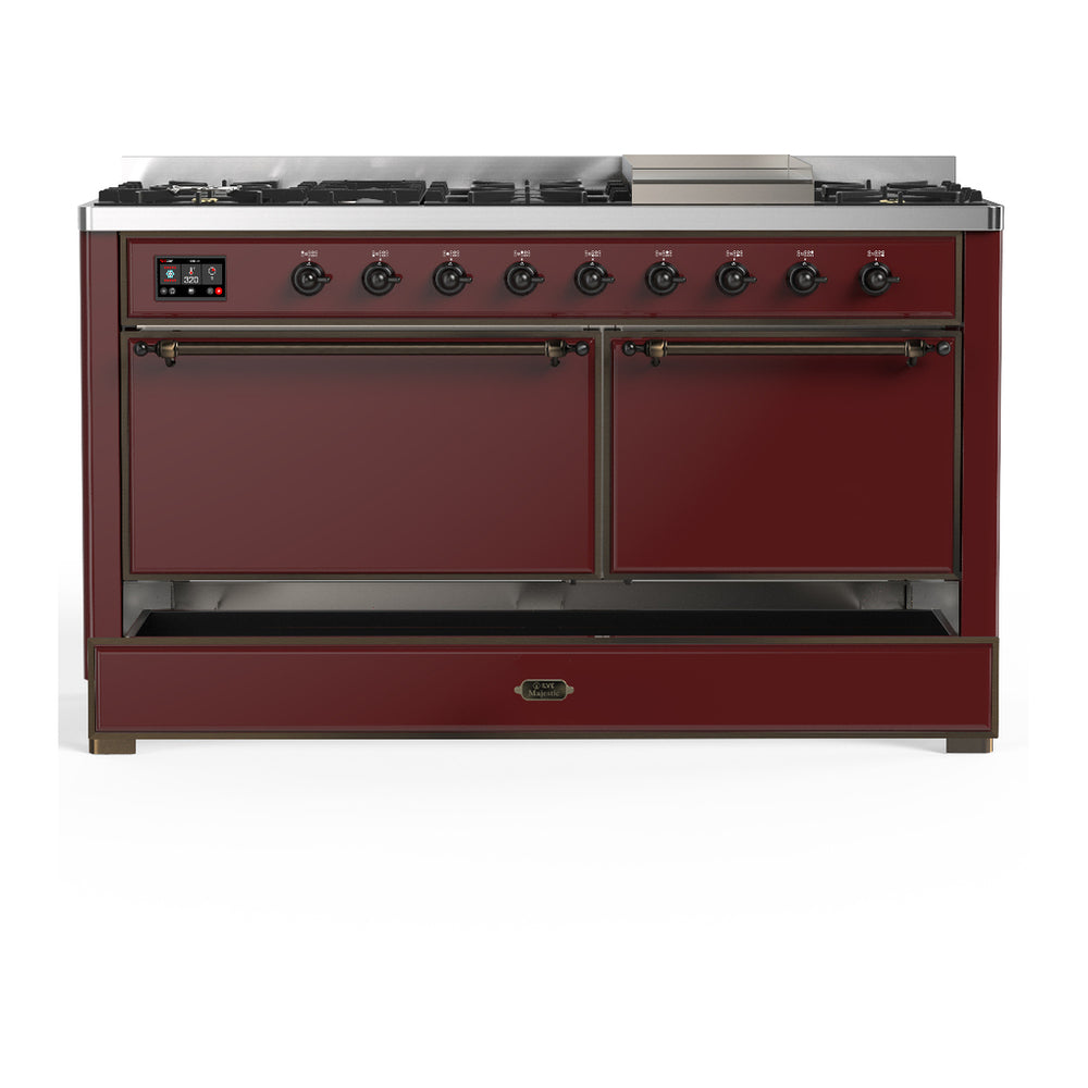 ILVE Majestic III 60" Burgundy Dual Fuel Range with 9 Burners and Griddle Solid Door Natural Gas