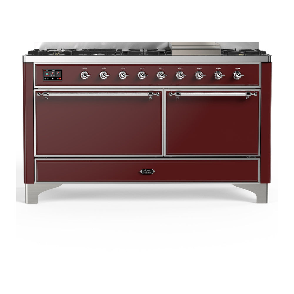 ILVE Majestic III 60" Burgundy Dual Fuel Range with 9 Burners and Griddle Solid Door Liquid Propane