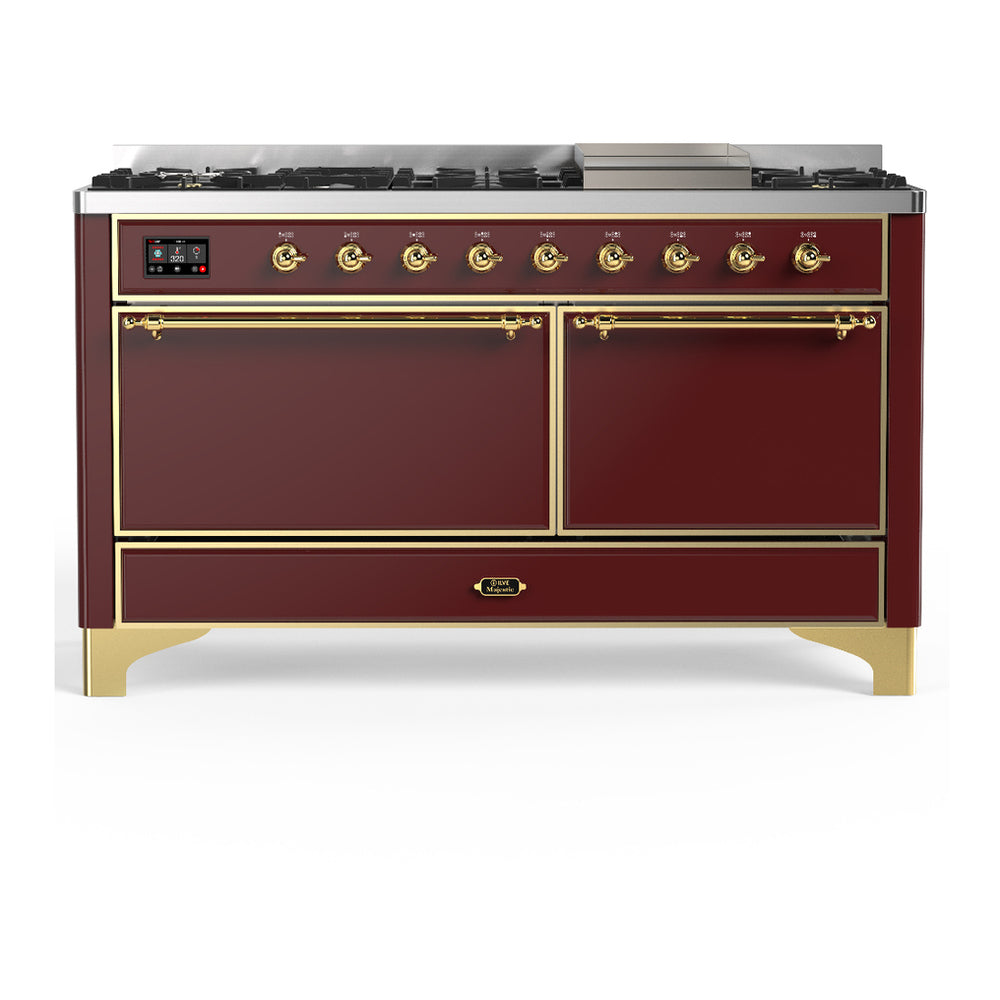 ILVE Majestic III 60" Burgundy Dual Fuel Range with 9 Burners and Griddle Solid Door Liquid Propane