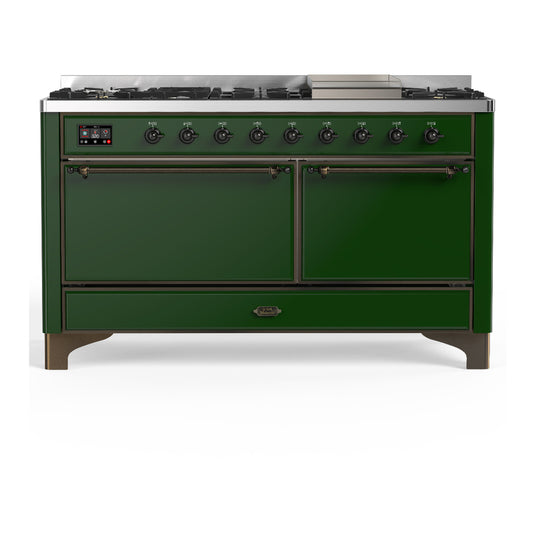 ILVE Majestic III 60" Emerald Green Dual Fuel Range with 9 Burners and Griddle Solid Door Liquid Propane
