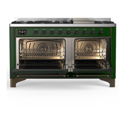 ILVE Majestic III 60" Emerald Green Dual Fuel Range with 9 Burners and Griddle Solid Door Liquid Propane