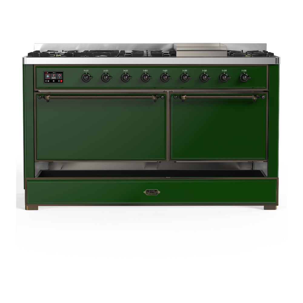 ILVE Majestic III 60" Emerald Green Dual Fuel Range with 9 Burners and Griddle Solid Door Liquid Propane