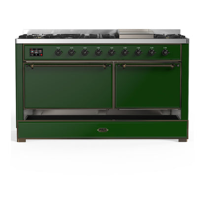 ILVE Majestic III 60" Emerald Green Dual Fuel Range with 9 Burners and Griddle Solid Door Liquid Propane