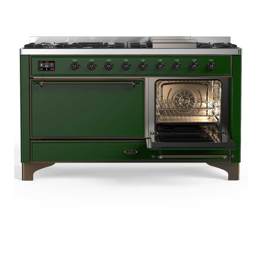 ILVE Majestic III 60" Emerald Green Dual Fuel Range with 9 Burners and Griddle Solid Door Natural Gas