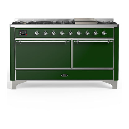 ILVE Majestic III 60" Emerald Green Dual Fuel Range with 9 Burners and Griddle Solid Door Natural Gas