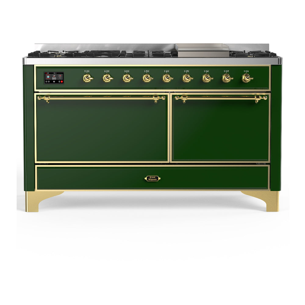 ILVE Majestic III 60" Emerald Green Dual Fuel Range with 9 Burners and Griddle Solid Door Natural Gas